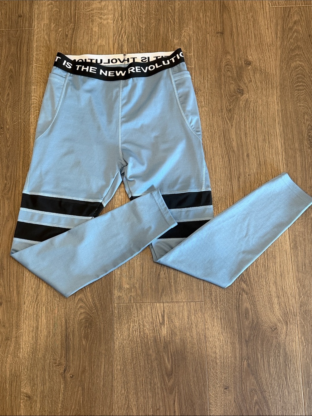 Revolution Light Blue Leggings with Black Stripes